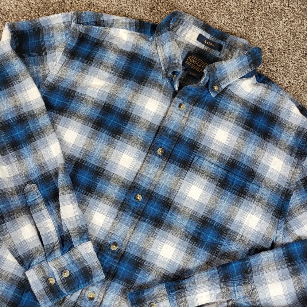 Pendleton Mason Flannel Button Down Shirt Mens Large Blue Plaid Long Sleeve